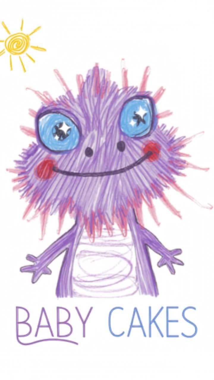 Baby Cakes — a crayon-drawn violet bearded dragon with bright blue eyes
